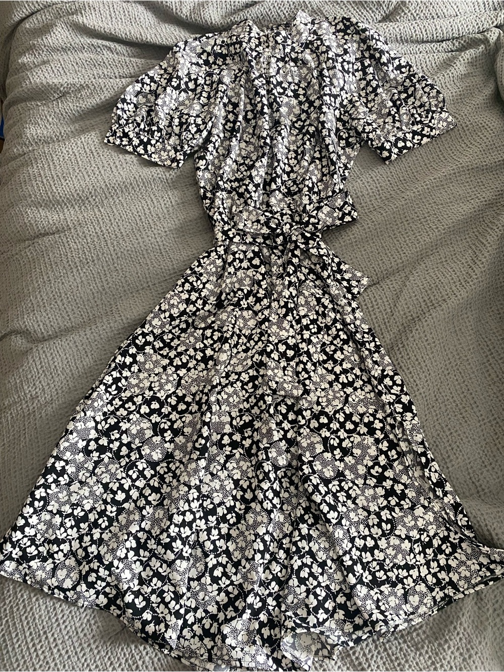 Black & White Floral Midi Dress High Neck and Puff Sleeves by Ann Taylor Factory